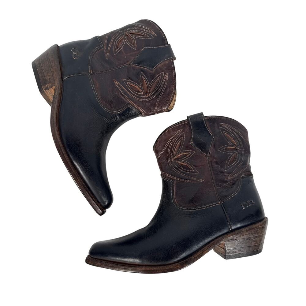 BedStu Western Ankle Boot Womens 6 Black Leather Teak Rustic Inlays Pull On‎
